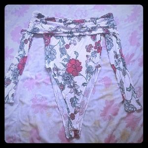 red green long sleeve floral off shoulder bodysuit